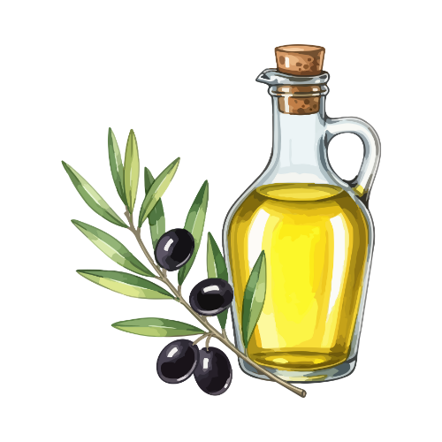Glass bottle of olive oil with a branch of olives on a white background