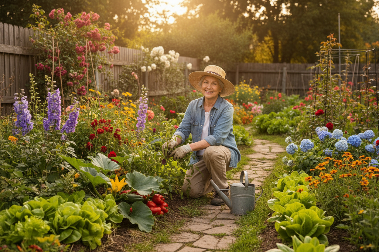 A woman gardener sitting down on one knee surrounded by various plants and flowers with a canister of watyer beside her