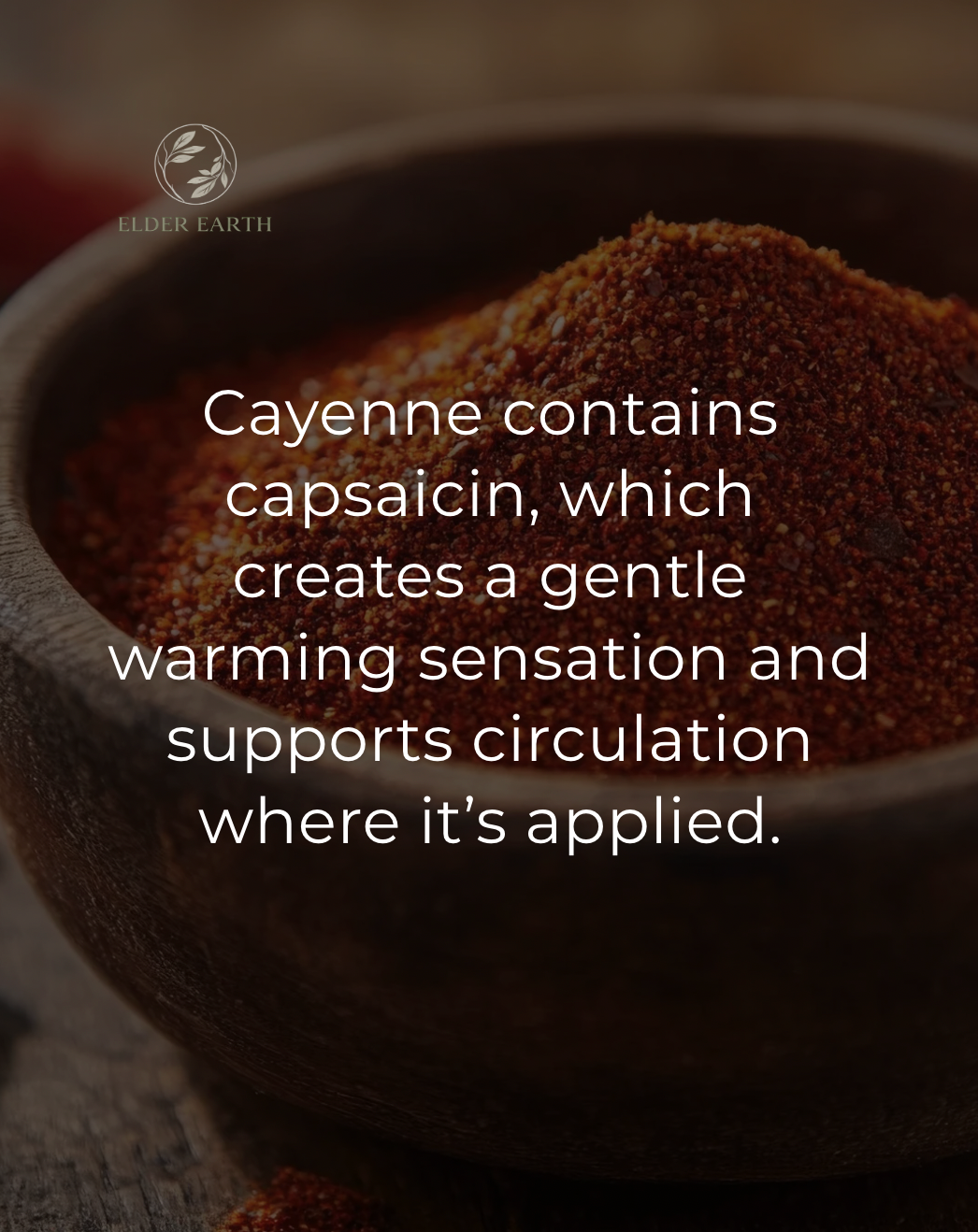 Bowl of cayenne pepper with text about its properties