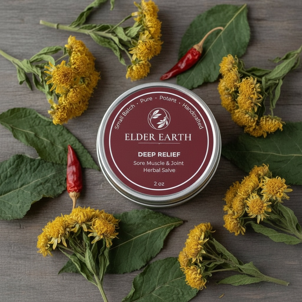 Deep Relief Muscle and Joint Herbal Salve in a 2 oz tin surrounded by arnica flowers and cayenne peppers
