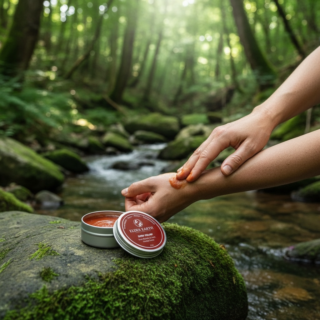 Person applying balm to a foot in a forest setting with a tin of balm on a rock.